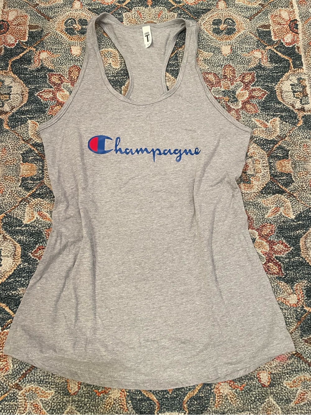 Champagne Champion Gray Racerback Tank with Blue & Red Script